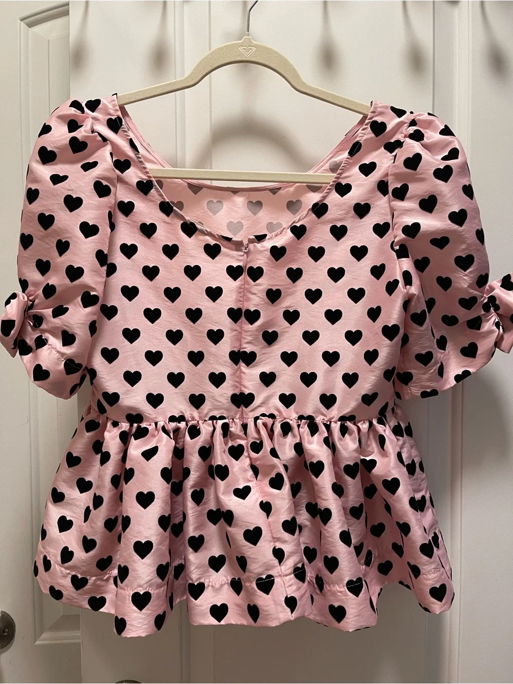 LoveShackFancy Pink Black Heart Print Puff Sleeve Bow Peplum Blouse Top Sz 8